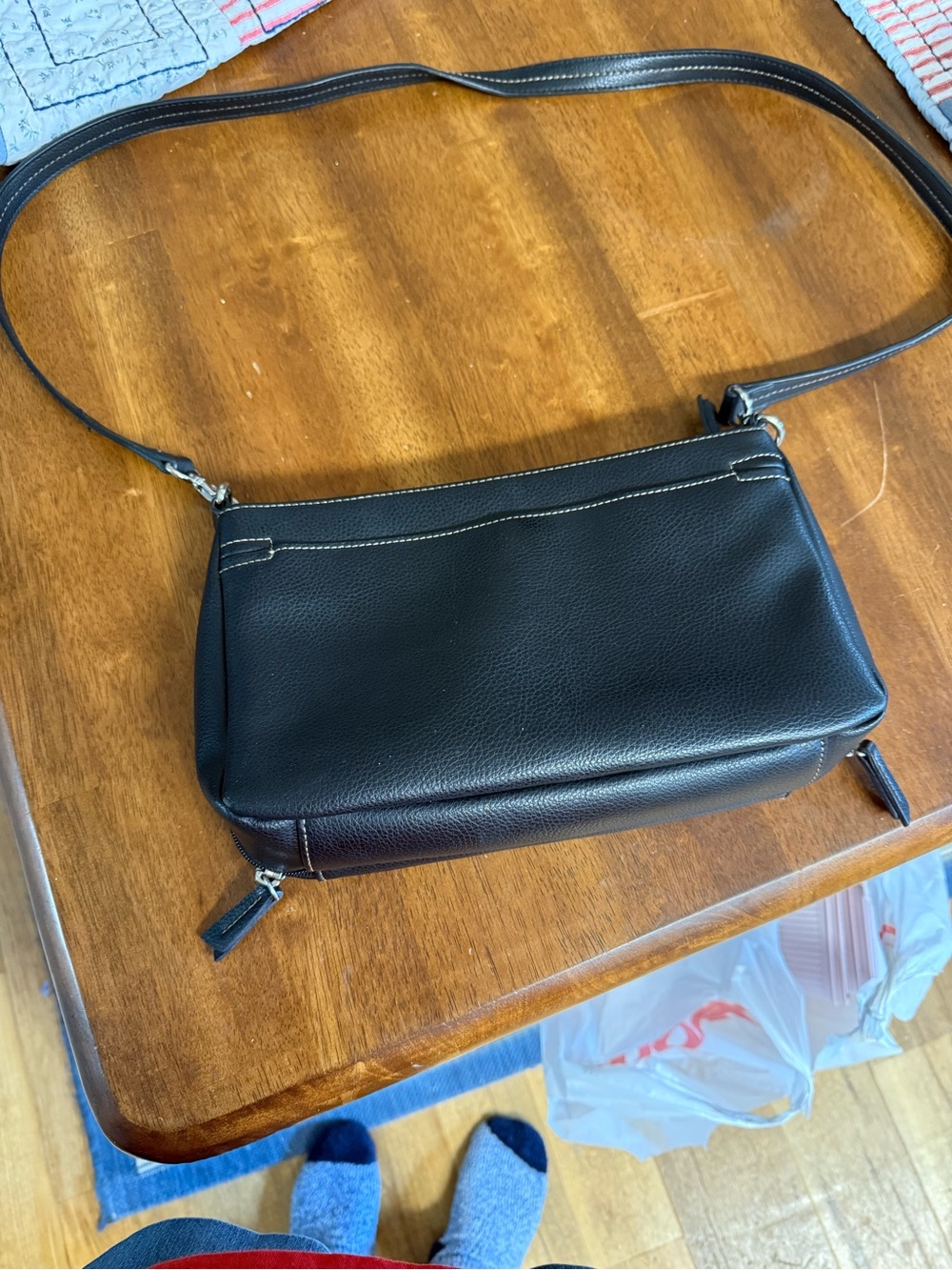 Liz Claiborne Black Pebbled Leather Crossbody with Contrast Stitching